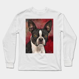 Painting of Black and White Boston Terrier on Burgundy Background Long Sleeve T-Shirt